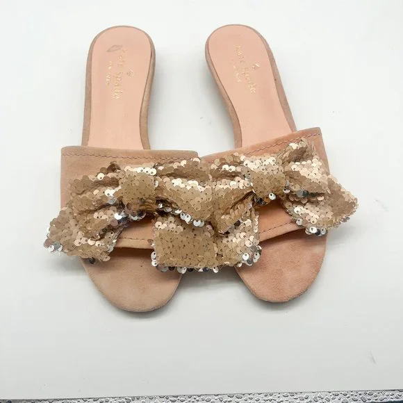 Kate Spade Blush Pink Sequin Bow Slide Sandals Sz 6 - Picture 4 of 6